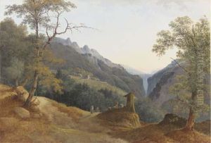 An Extensive Landscape With Travellers At A Roadside Shrine, A Steep Gorge Beyond
