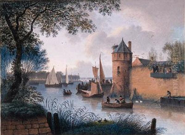 A Town Wall With A Jetty By A
Tower At An Estuary And Fishermenmooring, Elegant Company Looking On
From A Balcony - view 1