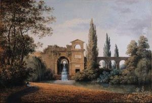 A View Of An Aqueduct With An 
Artificial Waterfall, A Seateddraughtsman In The Foreground