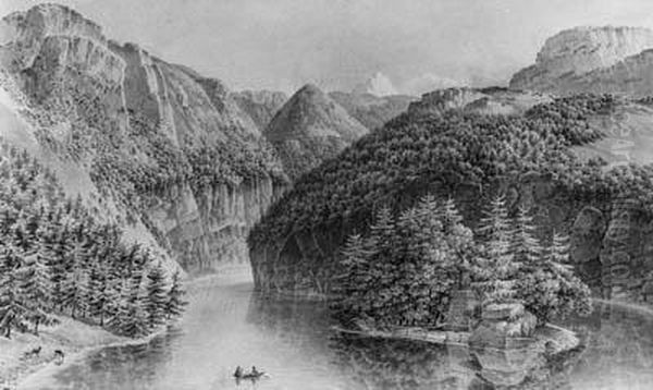 An Wooded Rocky River Landscape 
With Elegant Company In A Boatrowing Towards A Monument On An Island - view 1