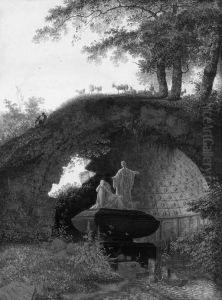 A Classical Tombbeneath A Ruined
Antique Vault In A Landscape Withgoats, And A Shepherd Playing With His
Dog; And A Young Man Readinga Letter On A Bench In Front Of A Pyramid,
In A Wooded Landscapewith A Lake And A Boat In The Foreground by Joseph Augustus Knip