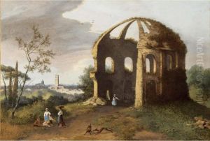 A View Of Rome With The Temple 
Of Minerva Medica, Women, Children And A Man In The Foreground Together 
With Dogs by Martheus Derk Knip