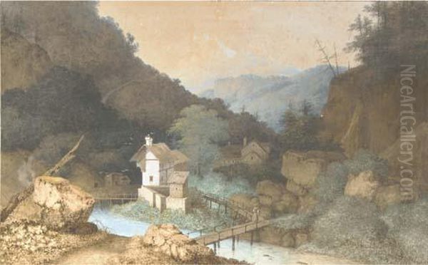 Farmhouses By A Bridge Over A River In A Mountanious Landscape - view 1