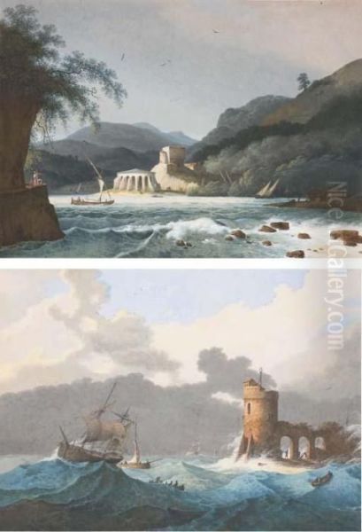 A Mountainous River Landscape 
With Sailing Boats, Buildings Beyond;and Ships On A Choppy Sea By A 
Lighthouse - view 1