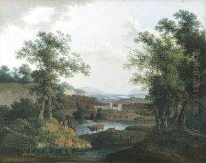 An Extensive Wooded River
Landscape With Shepherds And Their Cattle In The Foreground, A City
Beyond by Martheus Derk Knip