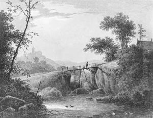 A Moonlit Hilly River Landscape
With A Man And A Dog Crossing Awooden Bridge, A Castle On A Hill Beyond by Martheus Derk Knip