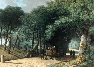 A Road Entering A Forest With A Group Of Soldiers Attacking Acarriage