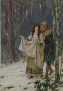 Young Lady With Apron Full Of Roses And Companion Archer On A Snowy Woodland Path