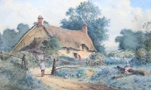 Figures On A Lane Before A Thatchedcottage Figures On A Lane Before A Thatchedcottage
