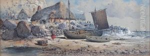 Figures On A Beach With Fishing Boats And Cottage In The Back Ground, Framed And Glazed Figures On A Beach With Fishing Boats And Cottage In The Back Ground, Framed And Glazed