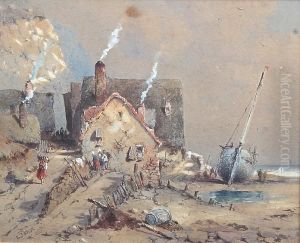 Figures Walking Along A Beach Path, With Fishing Boats And Cottages, Framed And Glazed Figures Walking Along A Beach Path, With Fishing Boats And Cottages, Framed And Glazed
