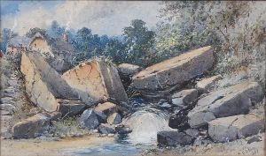 A Mountainous River Landscape With Figure And A Cottage A Mountainous River Landscape With Figure And A Cottage