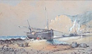 Fishing Boats And Figures On A Beach, Framed And Glazed Fishing Boats And Figures On A Beach, Framed And Glazed