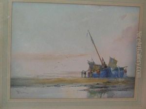 Shore Scene With Figures Unloading Fishing Boats by William Knox