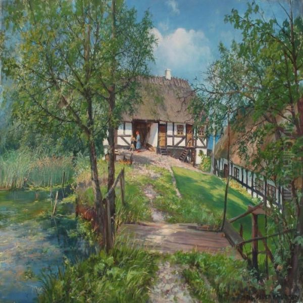 Summer Landscape With Mother And Child At A Thatchedfarm - view 1