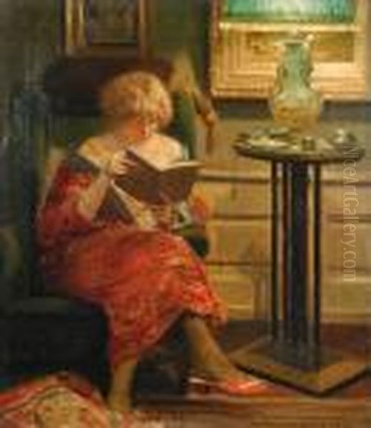 A Girl Reading A Book In A Library - view 1