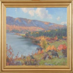 Mountainlandscape A Nice Day At The Fall. Signed Peder Knudsen by Peder Knudsen