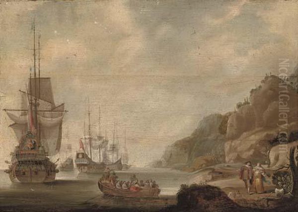 The Dutch Fleet Lying Off A Rocky Shore With An Officer Being Rowed Out - view 1