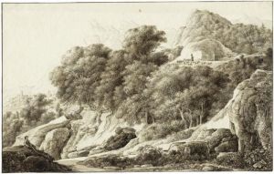 Gebirgige Landschaft Mit Dorf Und Ziegenhirte