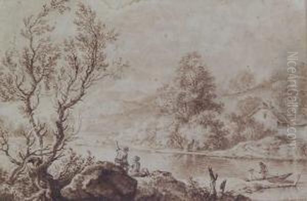 Flusslandschaft, Mit Kahn, Haus- Und Figurenstaffage - view 1