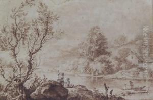 Flusslandschaft, Mit Kahn, Haus- Und Figurenstaffage