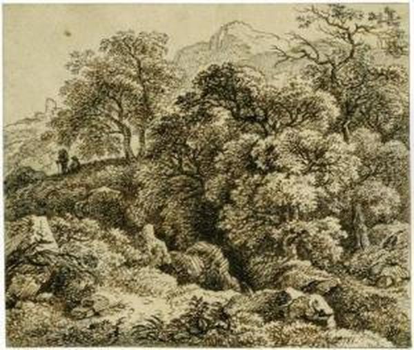 Felsige Waldlandschaft Mit Zwei Wanderern - view 1