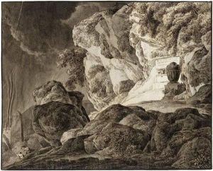 Felsige Landschaft Mit Grabmonument Bei Hereinbrechendem Gewitter