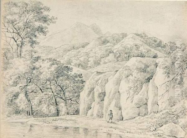 Berglandschaft Mit Baum Und Wanderer An Einem Fluss. - view 1