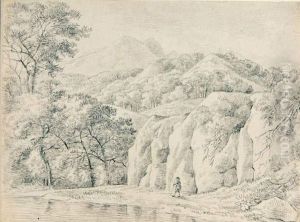 Berglandschaft Mit Baum Und Wanderer An Einem Fluss.