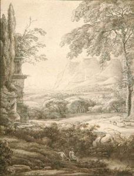 Landschaft Mit Antikem Monument Und Zwei Badenden Frauen. - view 1