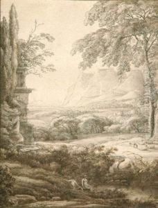 Landschaft Mit Antikem Monument Und Zwei Badenden Frauen.