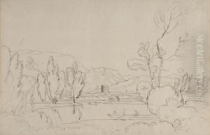 Fluslandschaft Mit Turm Und Hohen Baumen.