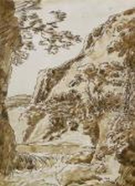 Landschaft Mit Kleinem 
Wasserfall. Lavierte Federzeichnung In Braun Auf Chamoisfarbenem Butten 
Mit Angeschnittenem Wasserzeichen. 20,3 X 15,3 Cm. Kleiner Hinterlegter 
Einris Am Unteren Rand Sowie Rander Ruckseitig Mit Leichten Klebespuren. - view 1