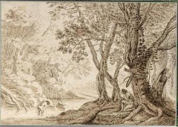 Wooded Landscape With A Man Bathing In A River - view 1