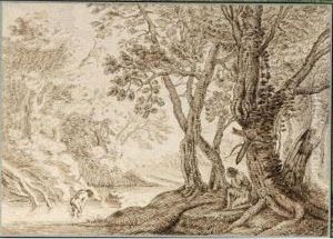 Wooded Landscape With A Man Bathing In A River by Franz Innocenz Kobell