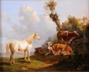 Le Cheval Blanc Pres Du Troupeau De Boeufs by Janbaptist Ii Kobell