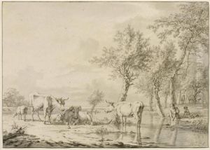 Herder With Cows And Sheep At The Trough. by Janbaptist Ii Kobell