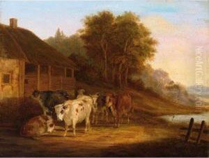 Peasantwoman With Cattle On A Path Near A Stream by Janbaptist Ii Kobell