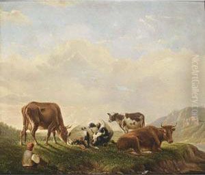 A River Landscape With A Shepherd And His Herd by Janbaptist Ii Kobell