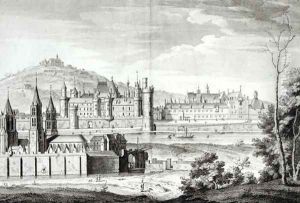 View of the Abbey of Saint-Germain-des-Pres, the Louvre, Petit Bourbon, Montmartre and the Seine in 1410 by Jean Chaufourier