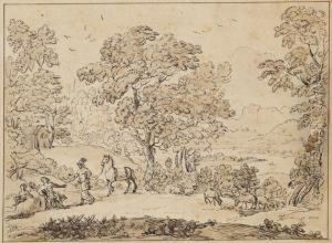 Zugeschrieben - Gebirgige Flusslandschaft Mit Reiter, Der Einen Hirten Begrust by Joseph Anton Koch