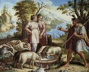 Jacob Und Rahel Am Brunnen. Im Hintergrund Weite Fluslandschaft.