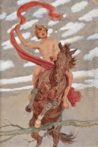 Jungling Auf Galoppierendem Pferd Vor Wolkenhintergrund by Ludwig Koch