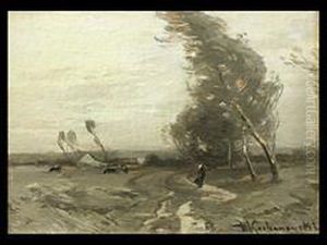 Graue Herbstlandschaft Mit Sturmboen Und Personen Am Weg by Roman Kochanowski