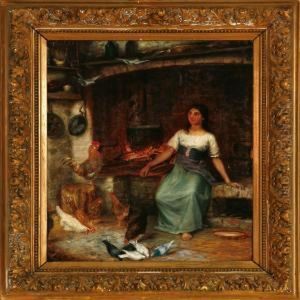 Interior With An Italian Woman At A Fireplace Interior With An Italian Woman At A Fireplace