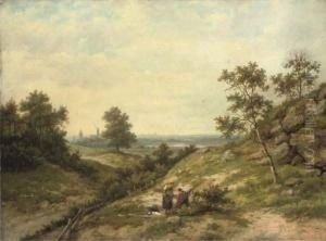 Woodgatherers In A Hilly Landscape by Hendrik Barend Koekkoek