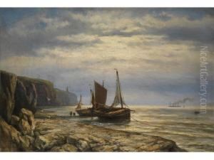 Segelschiffe Mit Fischern An Felsiger Kuste by Johannes Hermanus Koekkoek Snr