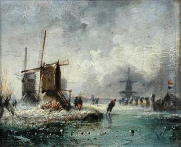 Skaters On A Frozen River By Windmills - view 1