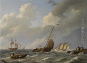Dutch And British Boats On Choppy Waters by Johannes Hermanus Koekkoek Snr