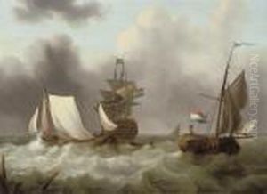 Dutch Shipping In A Heavy Swell Off The Coast by Johannes Hermanus Koekkoek Snr